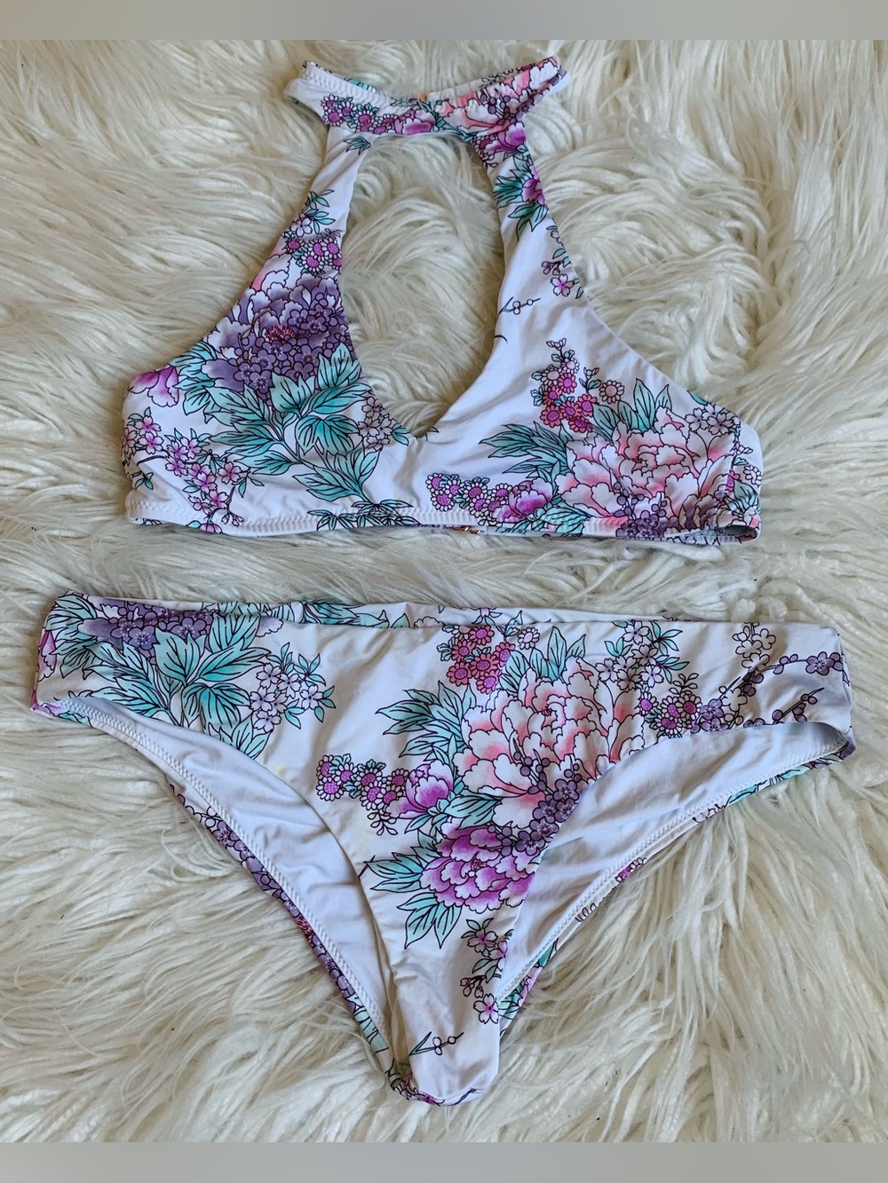 Radio Fiji Kyoto High Neck Ziggy Halter Swim Top With Bottoms White Pink Size M